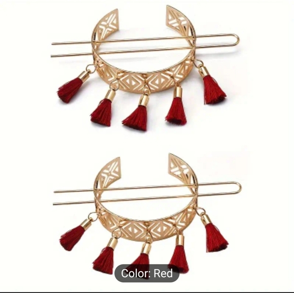 2pc Set Floral Hollow Boho Tassle Double Bun Holder - Picture 2 of 12